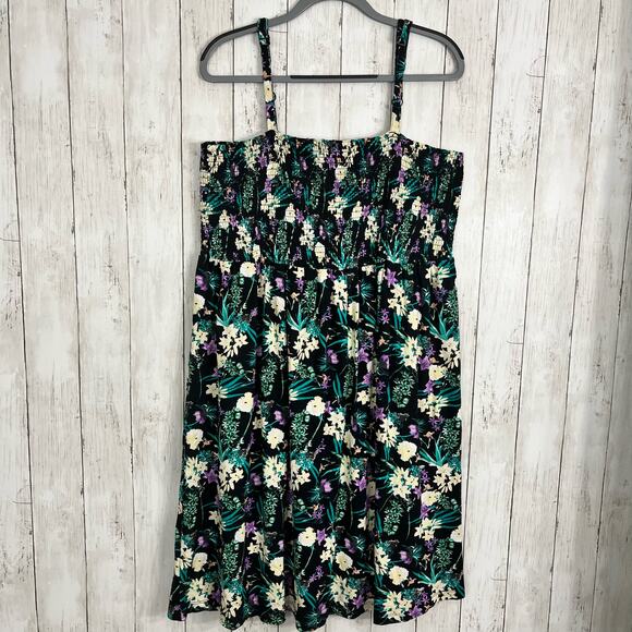 Ellos Black Plus Size Smocked Bodice Floral Stretchy Tank Knee Length Dress 1X - Picture 1 of 10